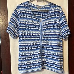 Tabi Blue and White Striped Hand Crochet 100% Cotton Women's Cardigan, XL